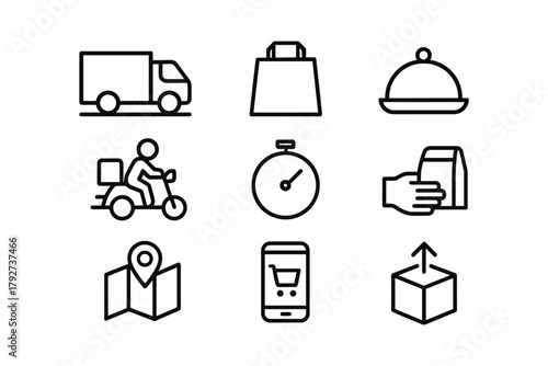Essential line icons for delivery service and e-commerce platforms