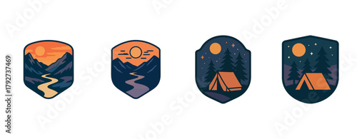 Nature-themed emblems: sunset mountains and night camping scene