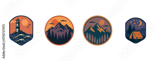 Vintage adventure emblems: lighthouse, mountains, and tent under stars