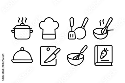 Cooking icons: line art kitchen tools and culinary elements