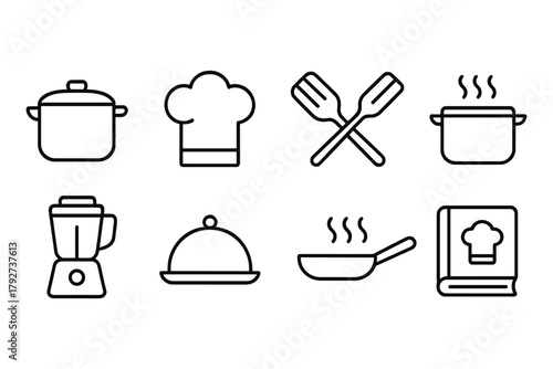 Cooking essentials icons: simple linear style kitchen utensils and appliances