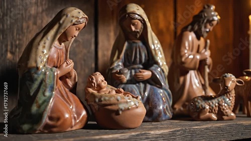 Ceramic figurines of Mary, Joseph, Baby Jesus, and animals - Concept of Christmas  