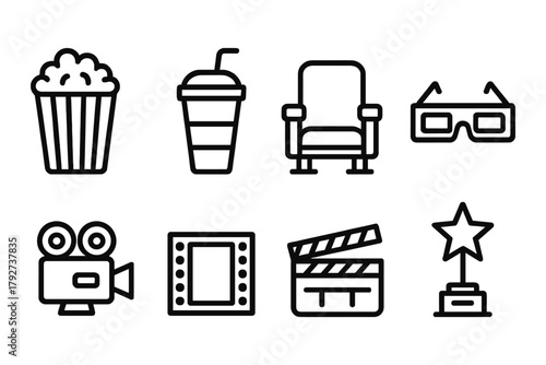 Linear icons of movie elements: popcorn, drink, chair, glasses, camera, film, clapperboard, award
