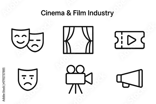 Set of black outline icons related to cinema and film industry. Linear icon pack for media and entertainment. Vector.