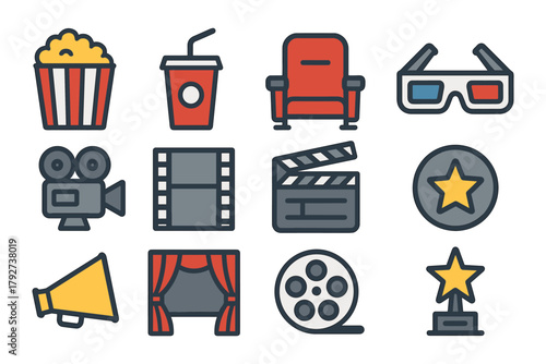 Colorful cinema icons set featuring flat design for movie nights and entertainment themes