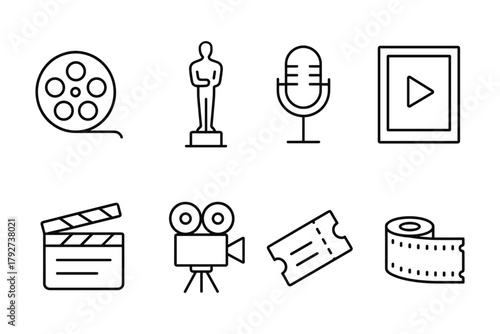 Film industry icons: award statue, camera, microphone, and more in linear style