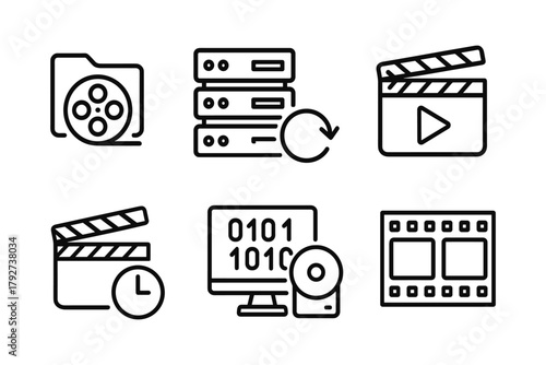 Linear media and technology icons set with clapperboards and film elements