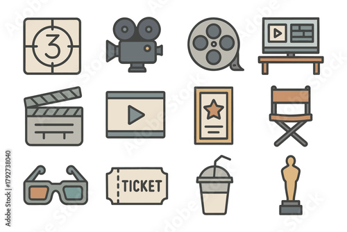 Movie and cinema icons set featuring cameras, tickets, and popcorn