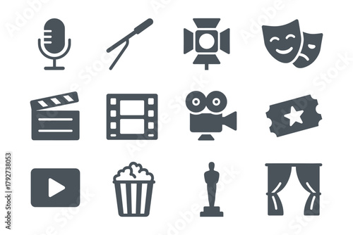 Entertainment icons: theater, film, and music silhouettes