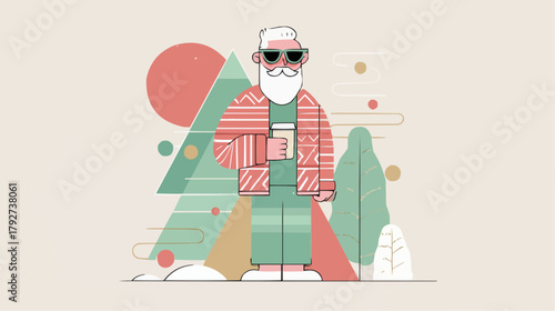 Cool modern Santa with moustache, beard and sunglasses holding cocoa in a snowy disco scene, bold humorous Christmas flat vector for packaging, cards or trendy festive decor.