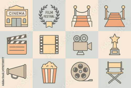 Cinema icons collection: film festival, movie equipment, award ceremony in linear style