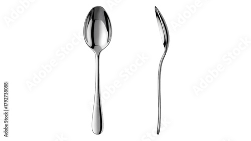 Vector illustration of front and side view of a single silver spoon on a transparent background