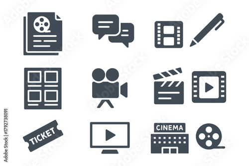 Cinema and movie icons: film, clapperboard, ticket, and media symbols