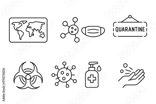Pandemic icon set: masks, hand hygiene, quarantine signs, virus symbols, world map with biohazard alert