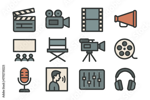 Film production and media icons in flat style for digital design