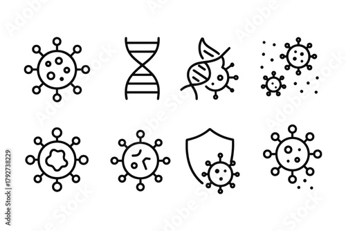 Linear icon set of virus and dna protection symbols