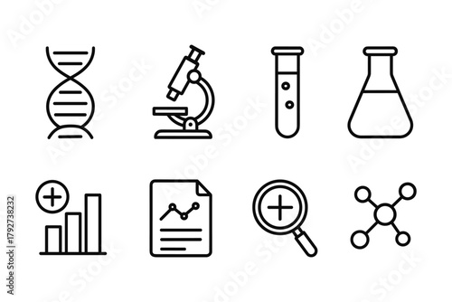 Scientific icons: dna, microscope, chemistry, analytics in linear style for research themes