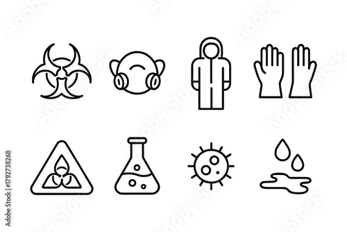 Linear hazard icons set: biohazard, protective gear, chemical safety symbols