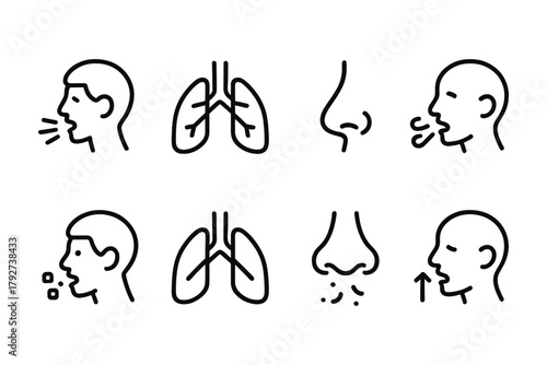 Set of linear icons depicting human respiratory system and breathing actions