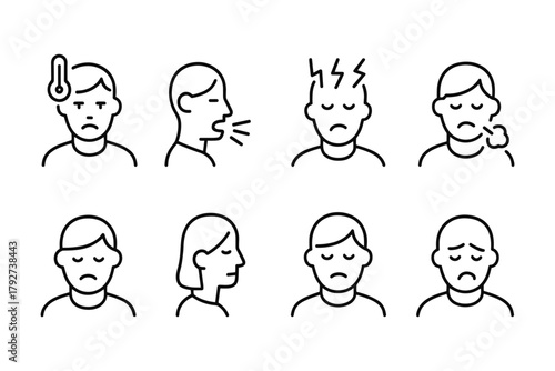 Linear outline icons of cold and fever symptoms: sick person set