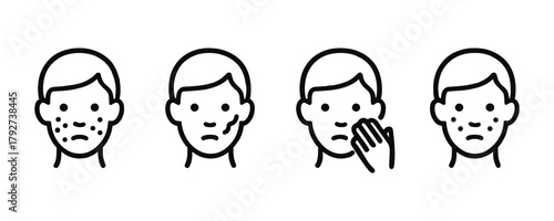 Linear icons of facial skincare routine for treating acne and blemishes