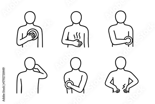Outline icons of body pain points and aches with human silhouettes