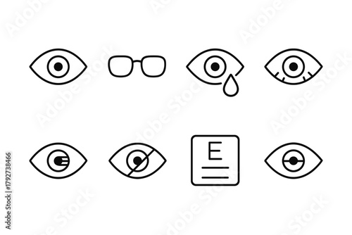 Vision and eye health icons in linear style: glasses, eye tests, and tear symbol