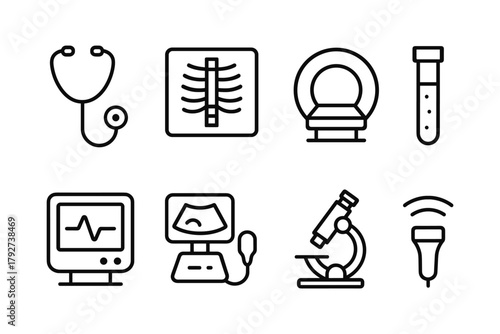 Medical equipment icons: stethoscope, mri, x-ray, microscope, and ultrasound in linear style