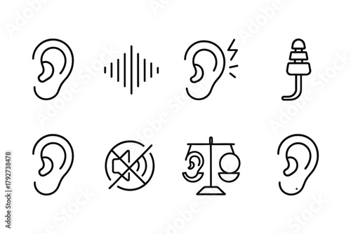 Minimalist ear icons set: hearing, sound, and balance