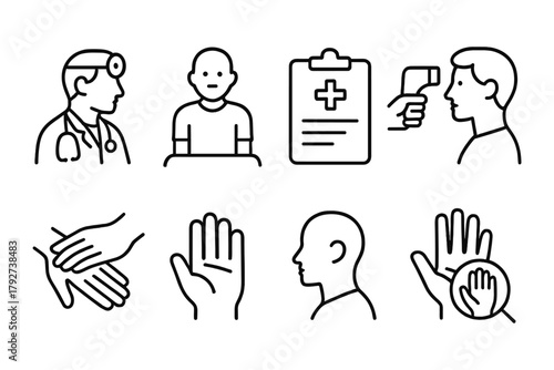Medical line art: doctor, patient, health check elements in linear style