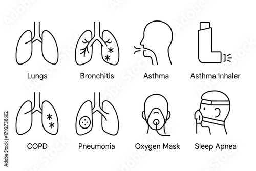Medical line art icons of respiratory health and diseases