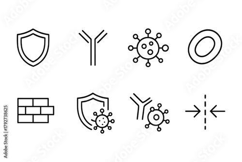 Minimalist immune system icons set: antibody, virus, shield, cell structure, linear style