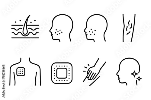 Acne and skin care icon set: health and treatment concepts