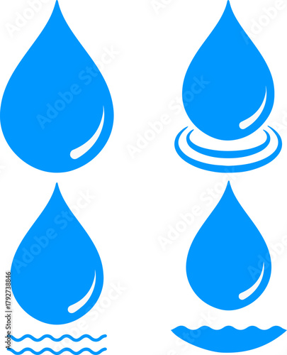 blue water droplet liquid wave flat vector icon set
