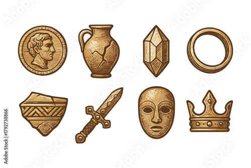 Ancient artifacts set featuring coins, pottery, gems, and weapons in vintage style
