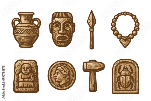 Ancient artifacts collection: pottery, masks, tools, jewelry, historical icons