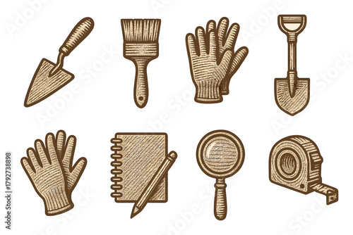 Vintage engraved tool collection featuring garden and craft essentials in hand drawn style
