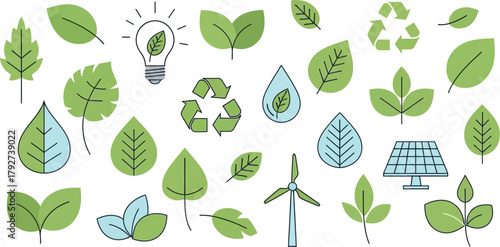 Collection of green leaves, recycling symbols, and eco icons