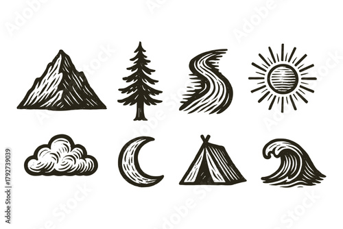 Hand drawn adventure icons of nature elements and outdoor symbols