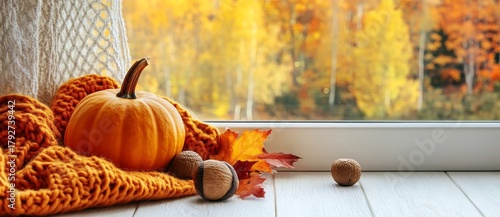 A warm woolen scarf on a windowsill serves as the base for a festive autumn arrangement, featuring pumpkins, fall leaves, nuts, and a pine cone, which collectively create a cozy autumn atmosphere,