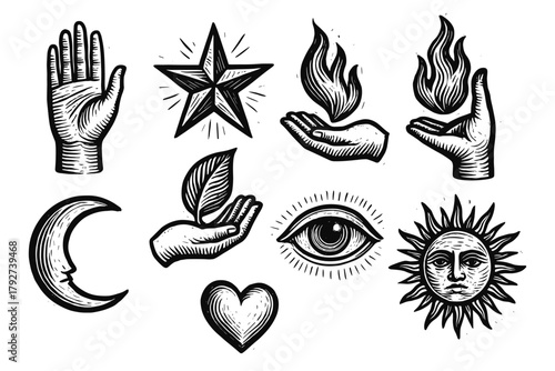 Vintage bohemian symbols: hand, star, flame, moon, leaf, eye, sun, heart