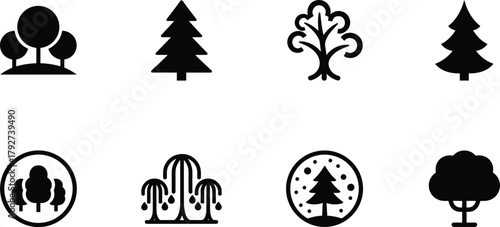 Stylized tree icon set, black silhouette collection, pine, willow, round canopy, nature emblem, environmental graphic design, minimal forest vector illustration