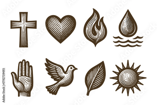 Vintage hand-drawn christian symbols set with heart, cross, dove, and sunburst