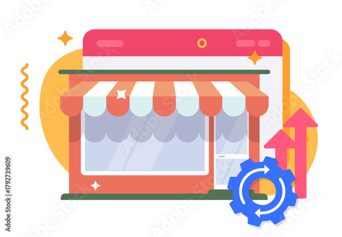 Online store shop improvement and boost sales performance icon vector modern design graphic illustration, electronic virtual web marketplace operation automation progress management