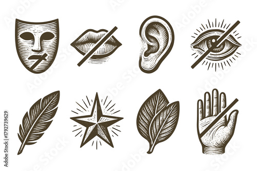 Retro engraving style symbols of censored communication and nature elements