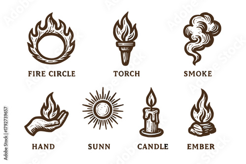 Retro fire elements set: circle, torch, smoke, hand, sun, candle, ember illustration