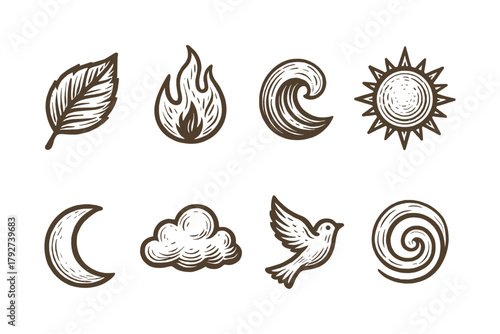 Hand drawn nature elements: leaf, fire, wave, sun, moon, cloud, bird, spiral