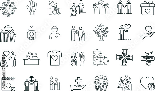 Charity and Social Welfare Vector Icons. Set of 32 line art symbols for volunteering, donation, and community support. Includes helping hands, heart, and medical care