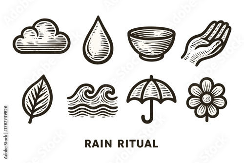 Vintage rain ritual icons: cloud, drop, umbrella, hand, leaf, flower