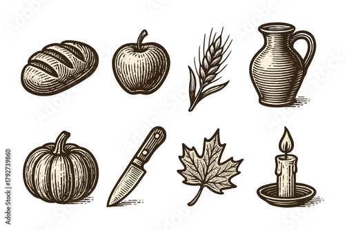 Rustic harvest elements in retro engraving style with fruits, bread, and autumn symbols
